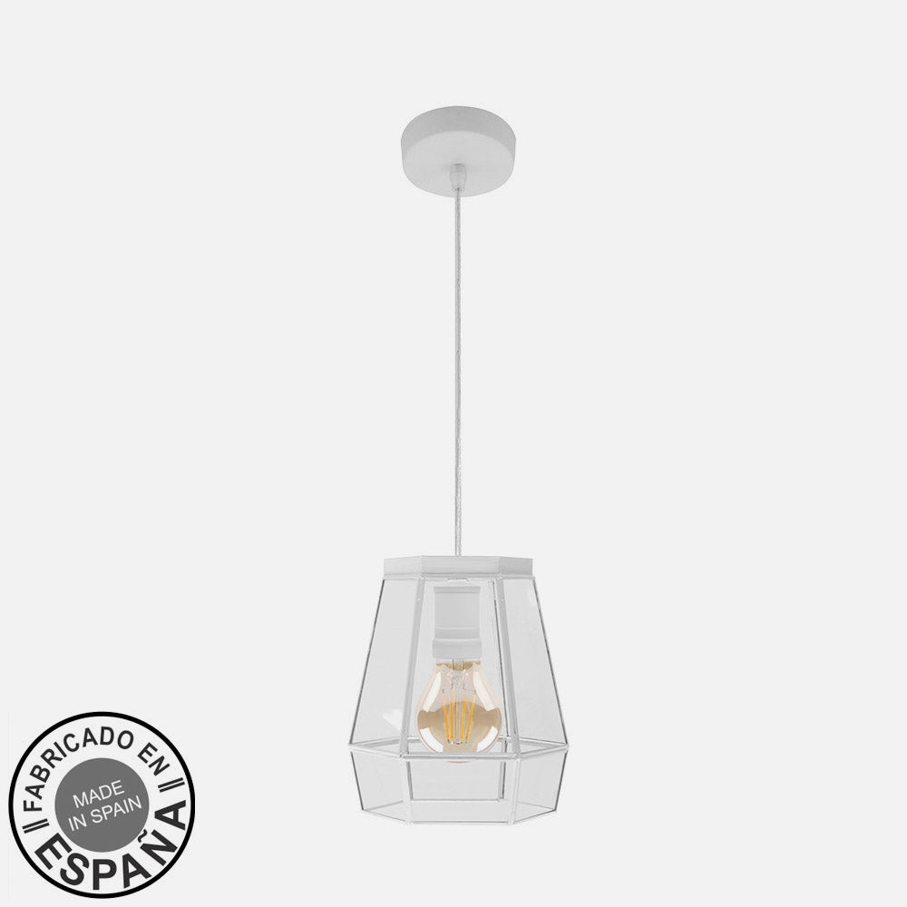 Colgante Guia fabricado en metal blanco con tulipa de cristal