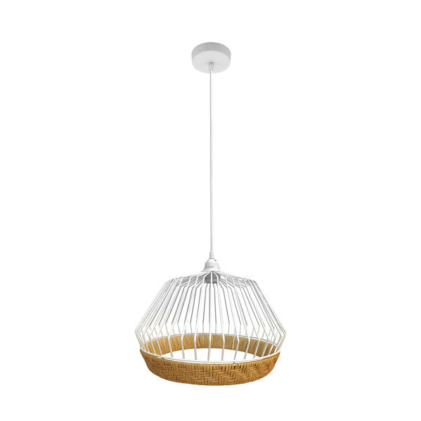 Colgante Hugo Blanco/Natural de Fabrilamp/Abrila, diseño de metal y rattan. Ideal para iluminar salones y comedores.