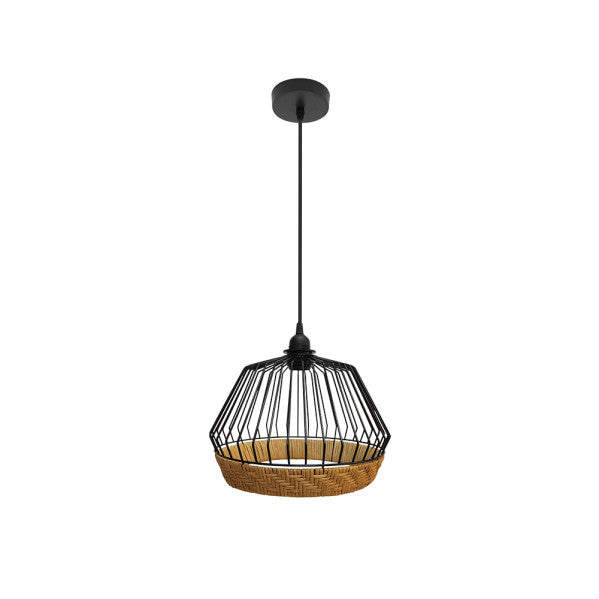 Colgante Hugo Negro/Natural de Fabrilamp, diseño elegante con detalles en rattan. Compra en luzguru.com