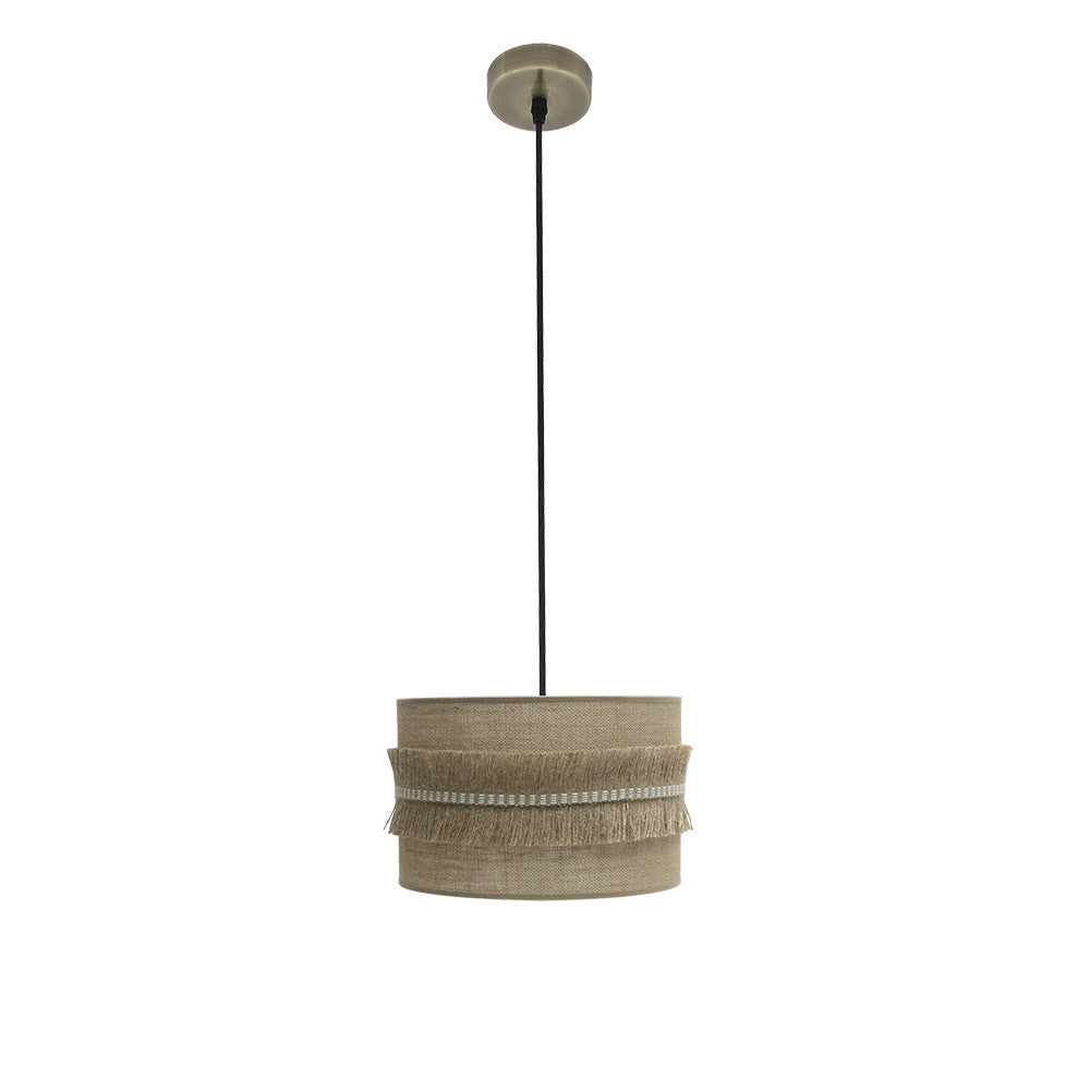 Colgante Kala 1xE27 Cuero/Saco 30cm Fabrilamp / Abrila - Lámpara colgante rústica con pantalla de textil de saco y acentos de cuero