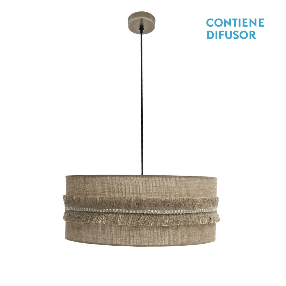 Colgante Kala 3xE27 de Fabrilamp / Abrila, SKU 186796014, pantalla cilíndrica de saco natural con flecos de cuero