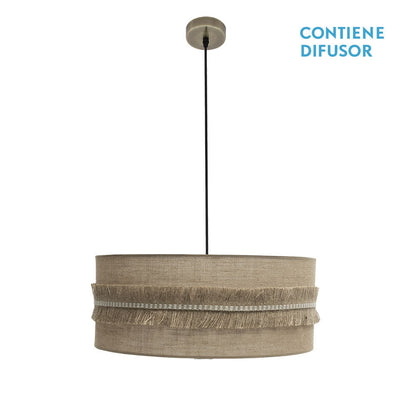Colgante Kala 3xE27 de Fabrilamp / Abrila, SKU 186796014, pantalla cilíndrica de saco natural con flecos de cuero