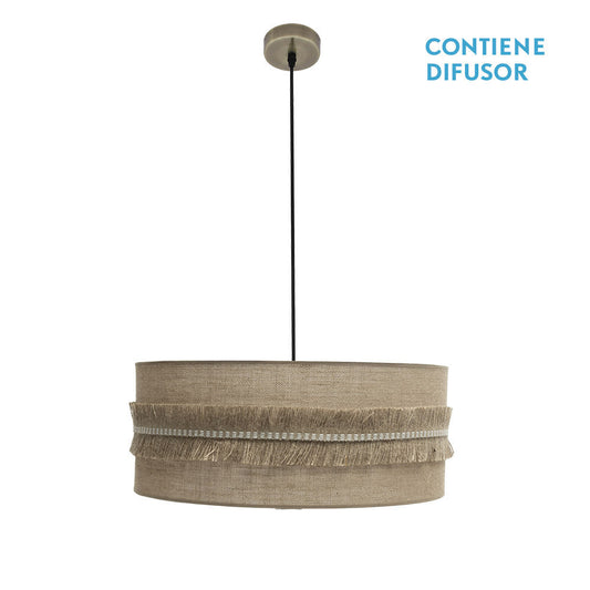 Colgante Kala 3xE27 de Fabrilamp / Abrila, SKU 186796014, pantalla cilíndrica de saco natural con flecos de cuero