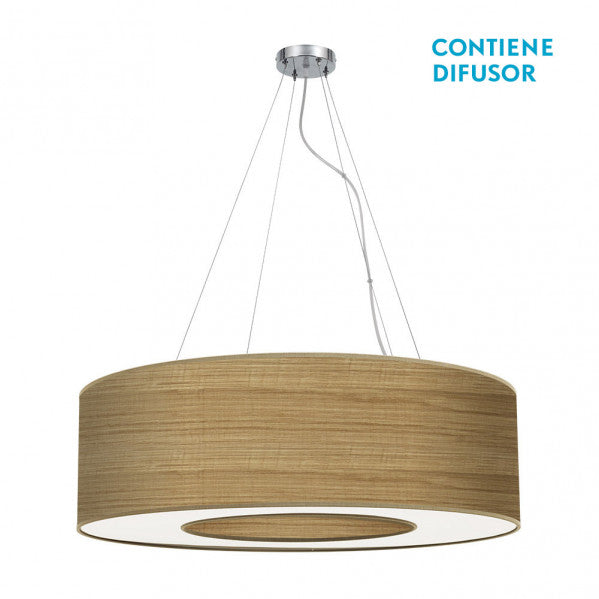 Colgante mediano Haiti 65cm cromo y madera clara, 4xE27. Iluminación elegante para tu hogar. Fabrilamp.