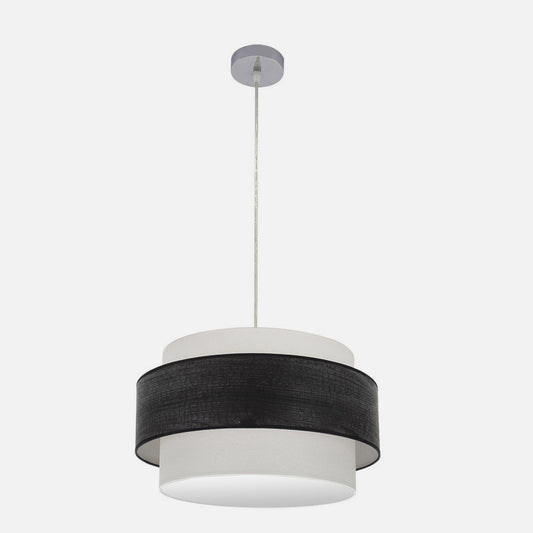 Lámpara Myriam fabricada en metal color cromo y pantalla textil madera negra, diseño moderno