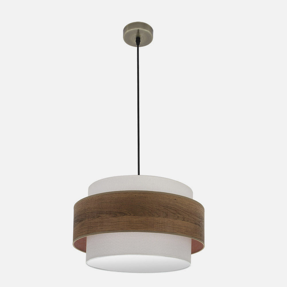 Lámpara colgante Myriam fabricada en metal color cuero con detalles en textil imitación madera oscura
