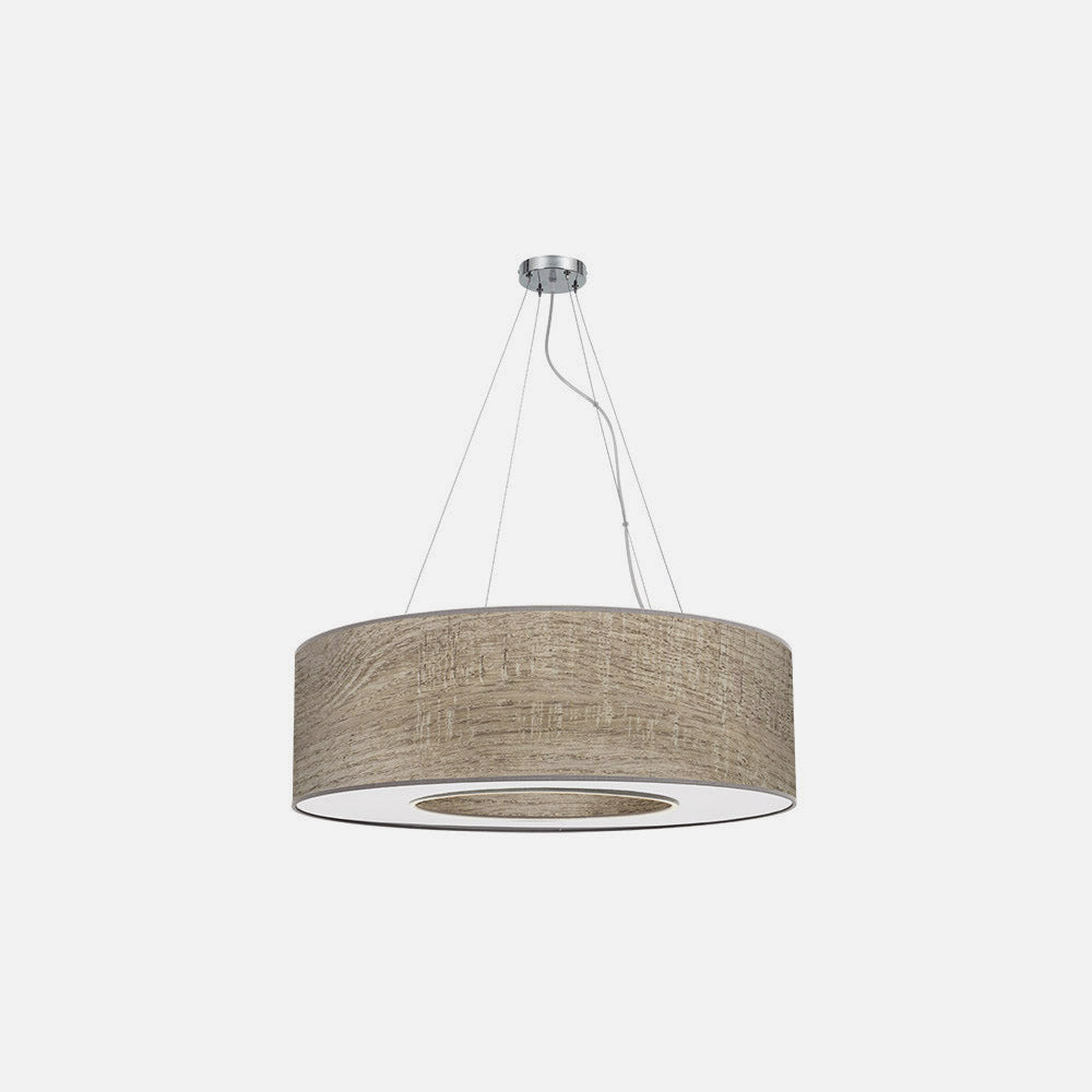 Lámpara colgante Haiti fabricada en metal color cromo y textil color madera gris