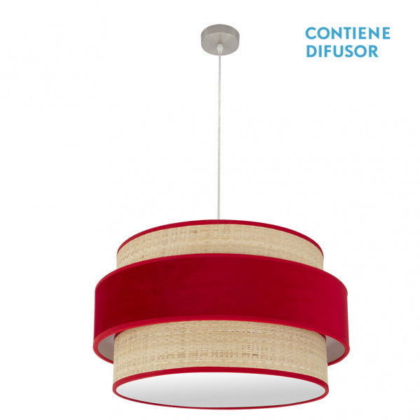 Colgante Reyes 60cm de Fabrilamp, níquel con pantalla natural-rojo. Diseño moderno y elegante para iluminar tu hogar.