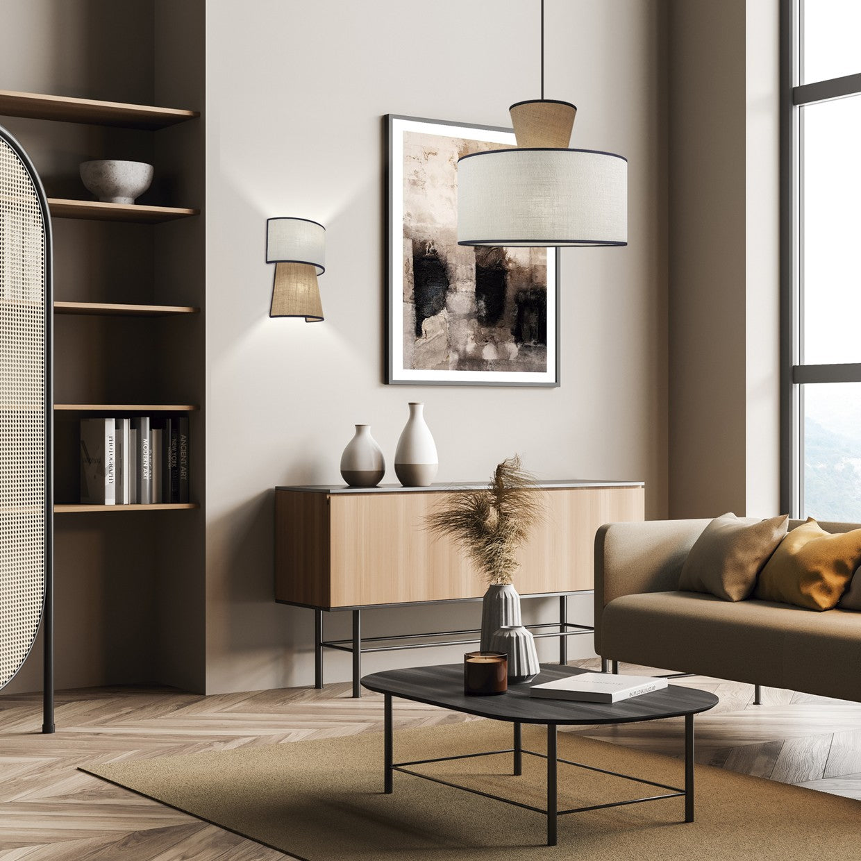 Colgante Selma Beige-Tostado AJP/Alemar (Ref. 11195): medidas detalladas.  Diseño único en tela y acrílico. Envío rápido y 2 años de garantía. LuzGuru.
