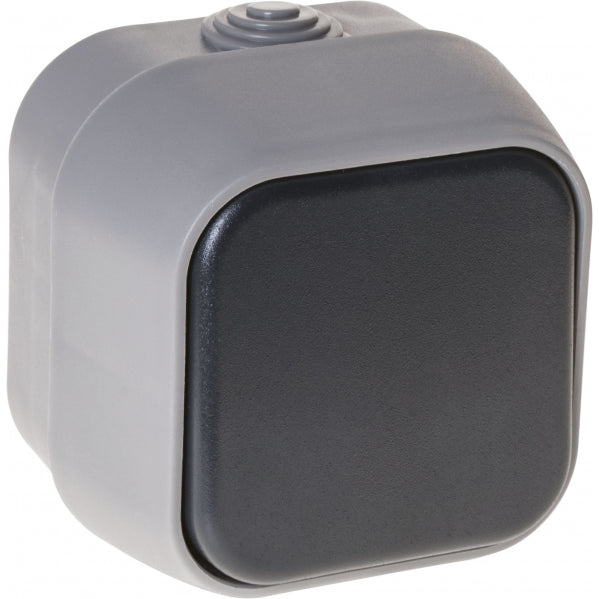 Comutador Bert 1 Tecla IP54 Gris 7x7x5 cm de Fabrilamp, resistente al agua y polvo. Ideal para interiores y exteriores.