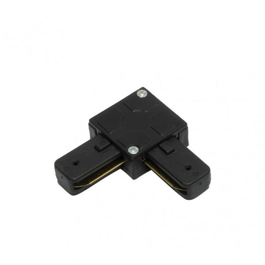 Conector en L Pindal Negro de Fabrilamp para focos de carril, 2 hilos, vista frontal.