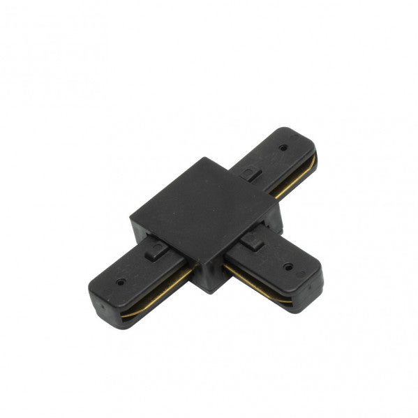 Conector en T Pindal Negro de Fabrilamp, vista frontal.  Ideal para iluminación profesional.