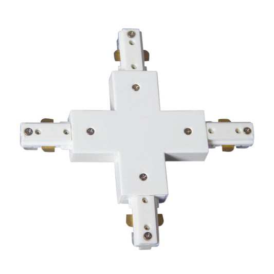 Conector en X blanco de dos hilos para focos de carril Fabrilamp. Conexión sencilla para cuatro carriles.