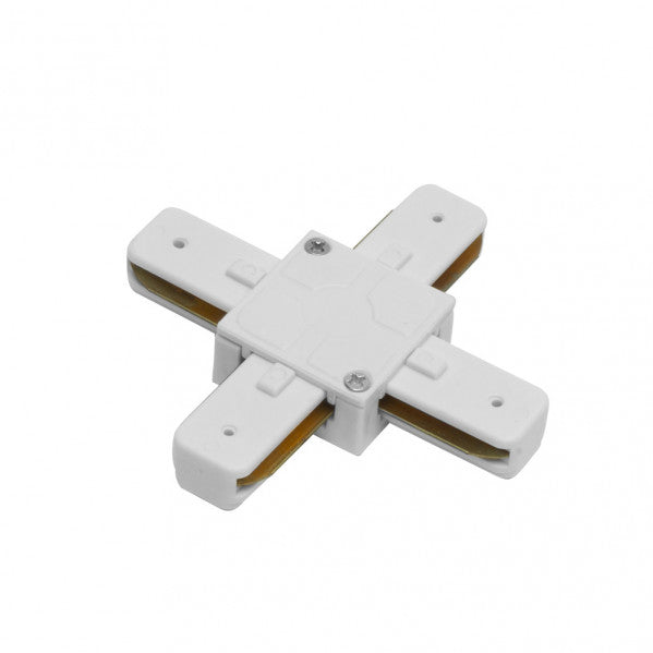 Conector en X Pindal Blanco de Fabrilamp para focos de carril. Dos hilos, conexión para cuatro carriles.