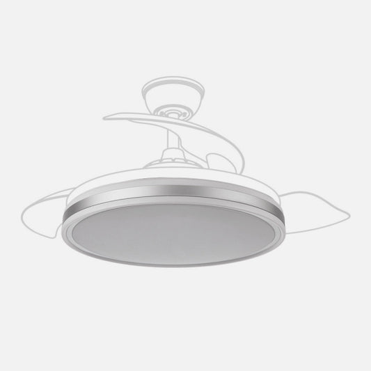 Difusor Ventilador Bayomo Grande 108D Níquel Fabrilamp instalada en ambiente decorativo de salón o dormitorio | Fabrilamp / Abrila