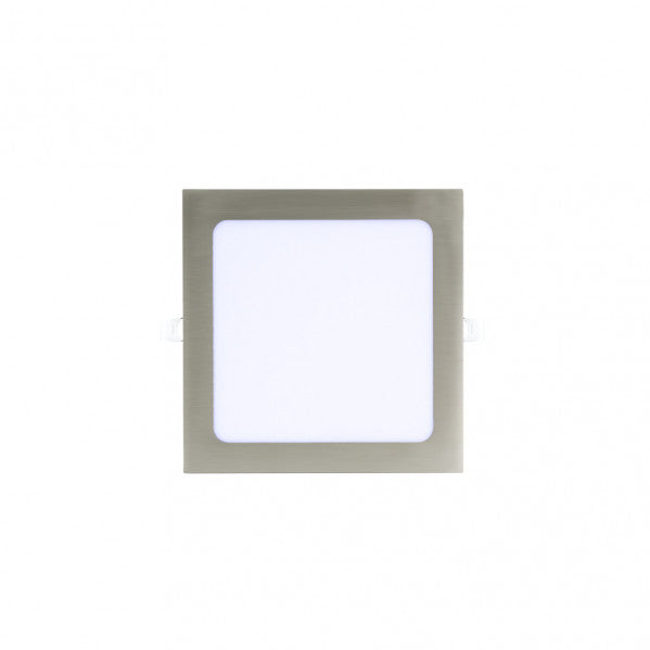 Downlight Basalto 12w 6500k Níquel cuadrado, vista frontal. Iluminación LED eficiente de Fabrilamp.