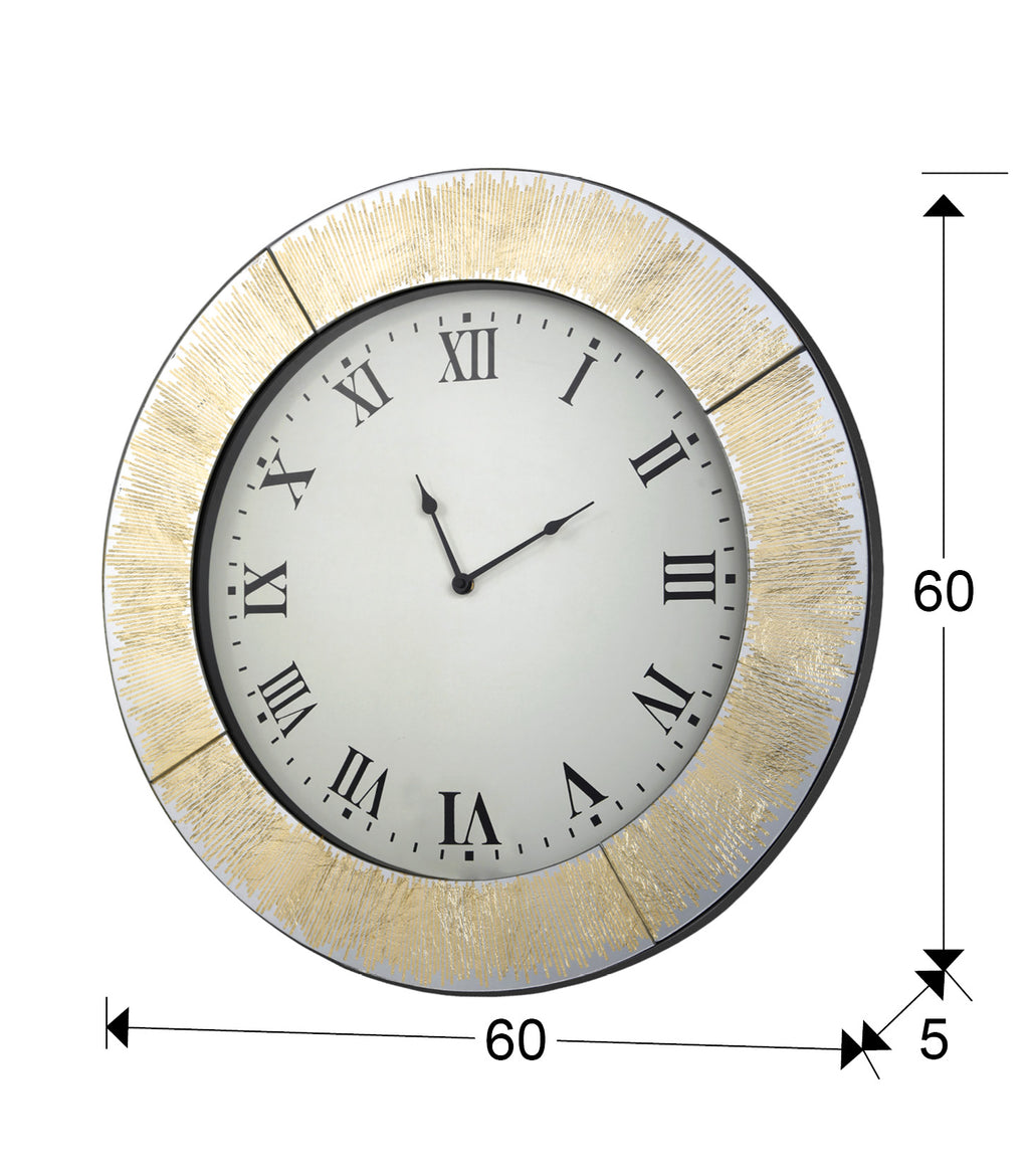 Medidas Reloj Schuller Aurora Oro Ø60cm (Ref. 593429): 60cm de diámetro, 5cm de profundidad, 5kg de peso.  Diseño redondo con marco de espejo, pan de oro y trasera negra.
