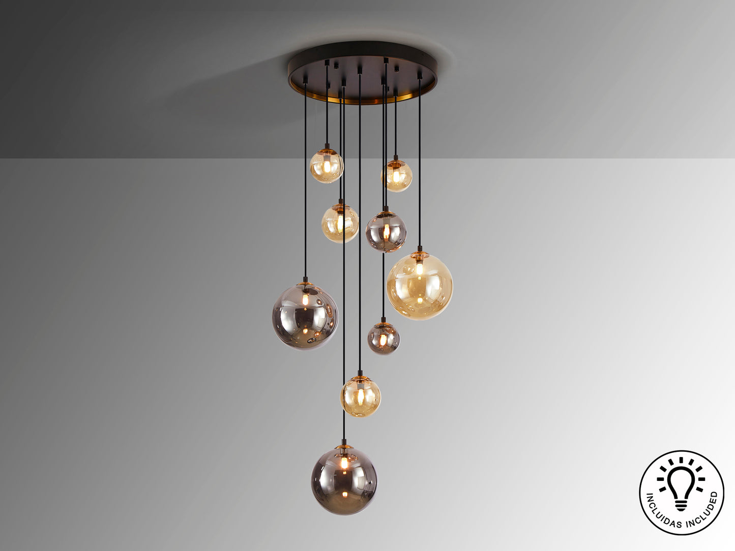 Lámpara Moderna 9 Luces Negra y Latón - Schuller Dark | luzguru.com
