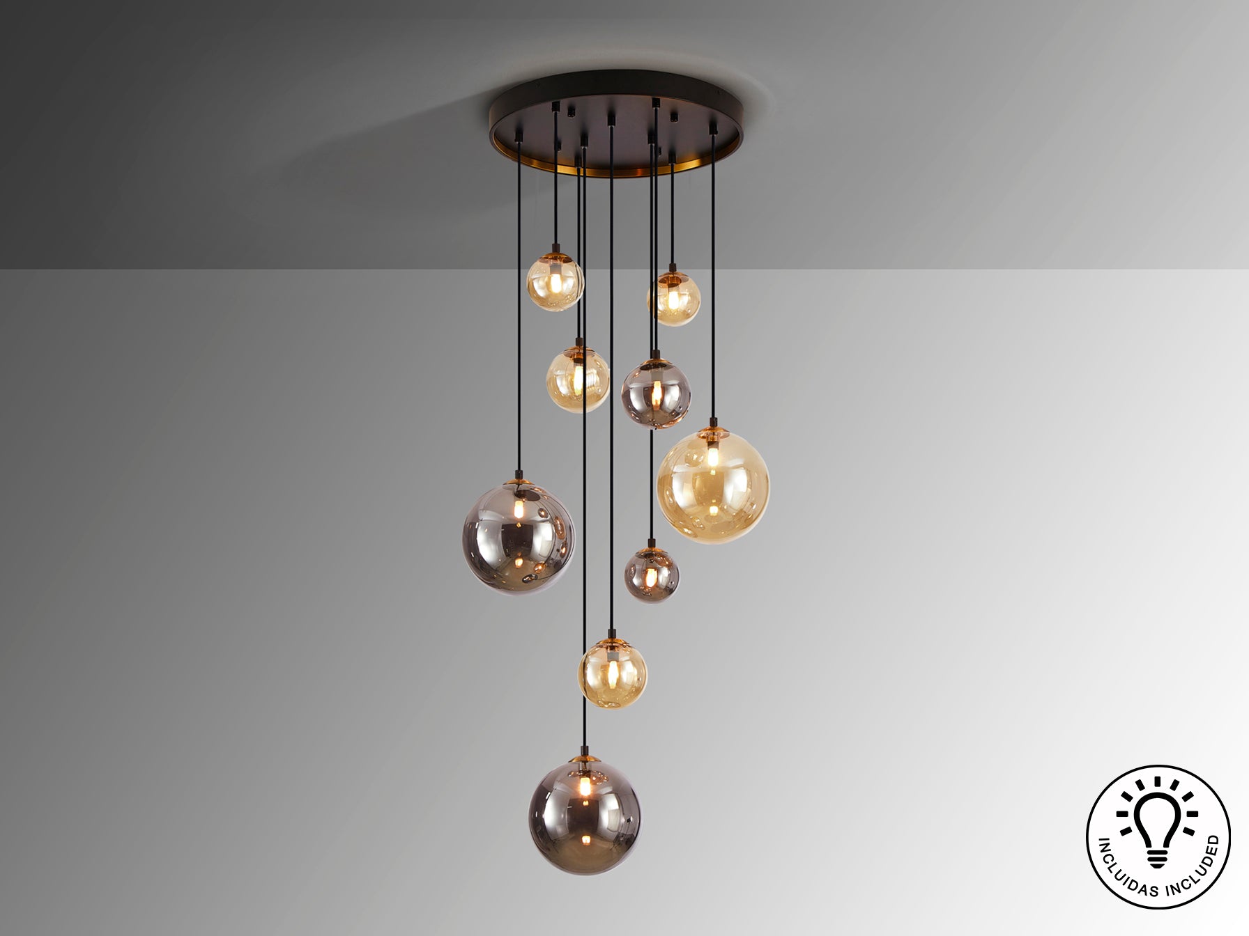 Lámpara Moderna 9 Luces Negra y Latón - Schuller Dark | luzguru.com