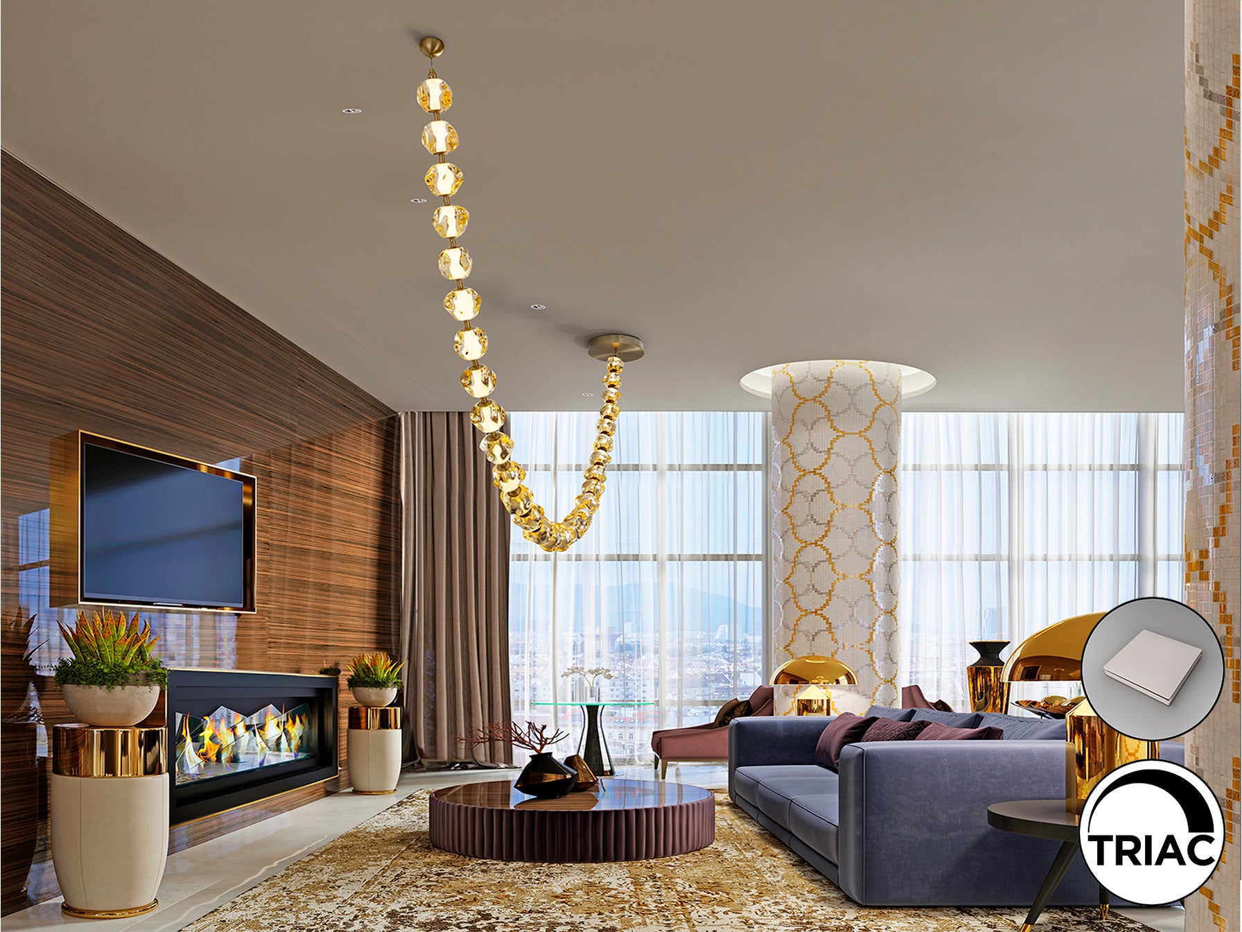 Lámpara Zaria II de Schuller (Ref. 448956) - Detalles de la elegante lámpara de bronce con 29 tulipas de acrílico ámbar. Iluminación LED de 105W, 8210 lúmenes y 3000K.  Incluye driver TRIAC y set de regulación.
