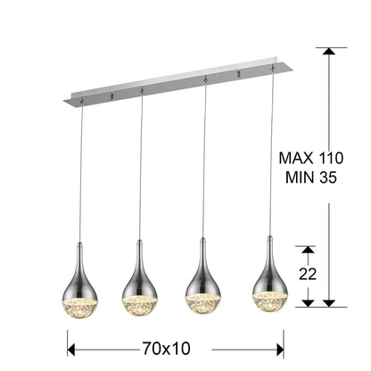 Medidas Lámpara Elie Cromado 4 Luces LED Schuller 773421: 70x22x10cm (Ancho x Alto x Fondo), altura regulable 35-110cm.  Incluye detalles de tulipa y florón.
