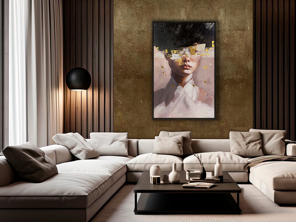 Detalle de la pintura al óleo Ella 100x150cm de Schuller (Ref. 441094), colección Ella, con marco negro de poliestireno.  Lienzo de alta calidad con bastidor de madera.
