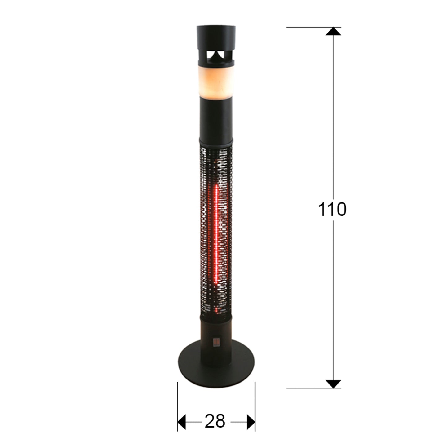 Medidas estufa exterior Schuller Heat Sound 748719: 110cm (alto) x 28cm (ancho), 5.7kg.  Estufa eléctrica 1500W con luz LED RGB y Bluetooth.
