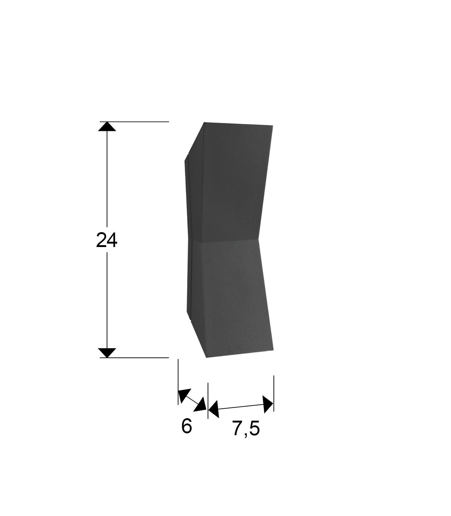 Medidas aplique exterior Schuller Keops Gris (Ref. 295734): 7,5cm ancho x 24cm alto x 6cm profundo.  Iluminación exterior IP65.
