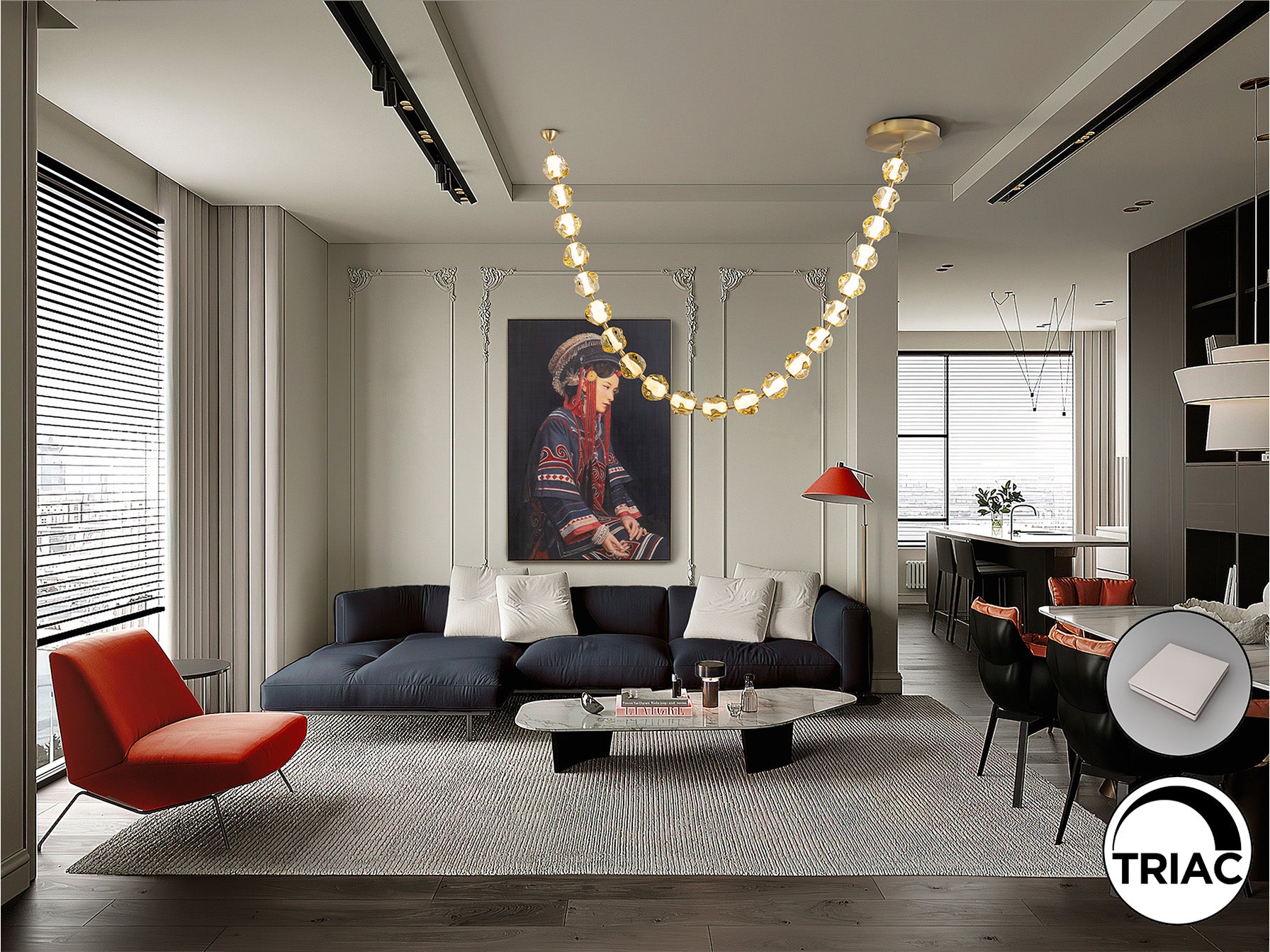 Lámpara de techo LED Schuller Zaria II (448765) - Detalle de su acabado en bronce y 21 tulipas de acrílico ámbar. Iluminación moderna y regulable.
