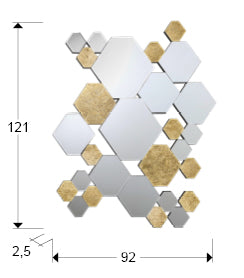 Medidas espejo Schuller Nadia (Ref. 521192): 92x121x2,5 cm. Espejo hexagonal con pan de oro, ideal para colgar horizontal o vertical.
