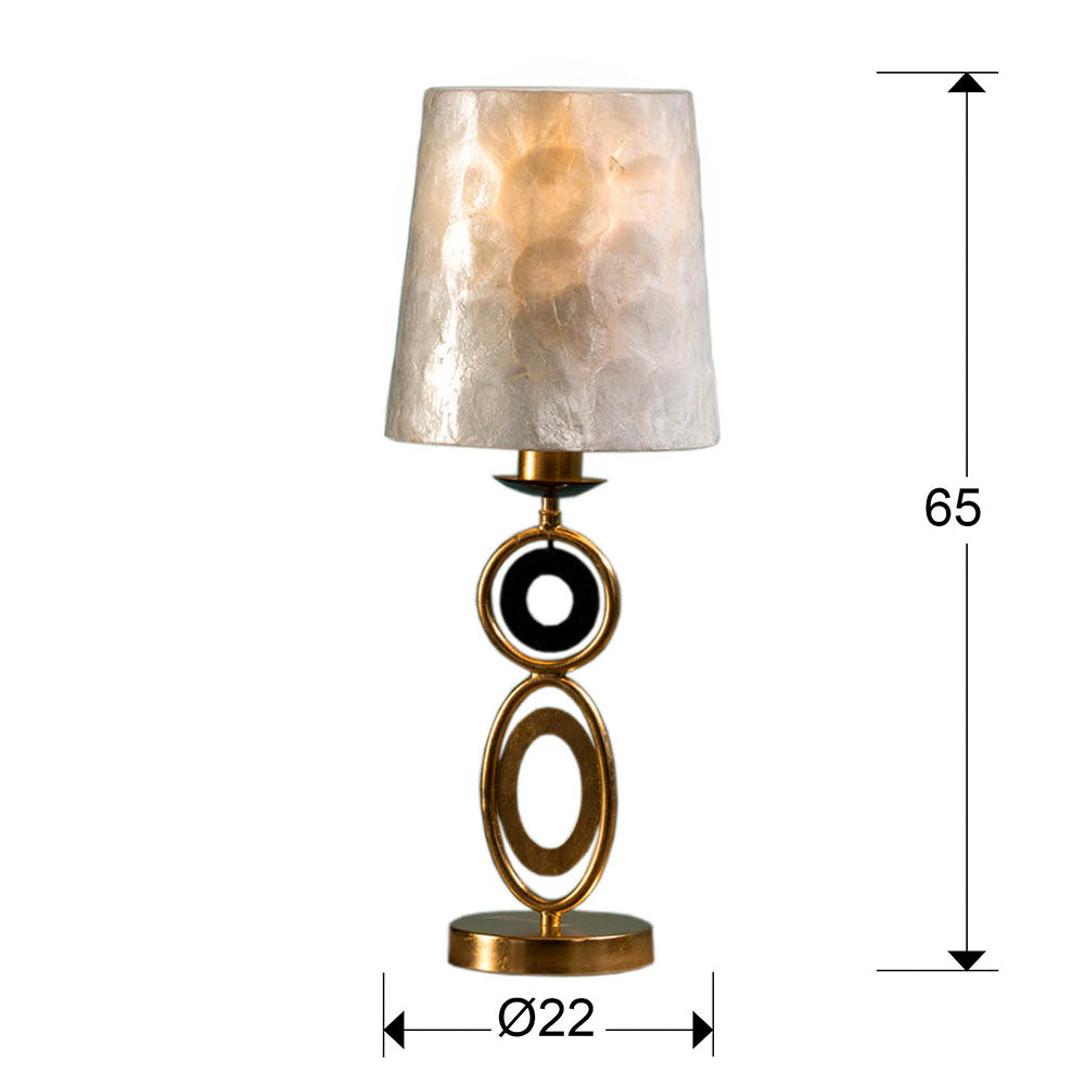 Medidas Lámpara Sobremesa Eden Oro Schuller 716153: 65cm (alto), pantalla 22cm (diámetro), 25cm (alto).  Metal, nácar, pan de oro. LuzGuru.

