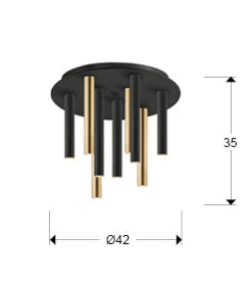 Medidas Plafón LED Schuller Varas 374088: Ø42cm, Alto 35cm, ØFlorón 33cm, Alto Florón 3cm.  Oro/Negro.
