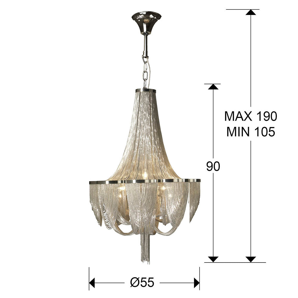 Medidas Lámpara Schuller Minerva 10 Luces (Ref. 872853): Alto 90-190cm, diámetro florón 14cm, peso 8,5kg.
