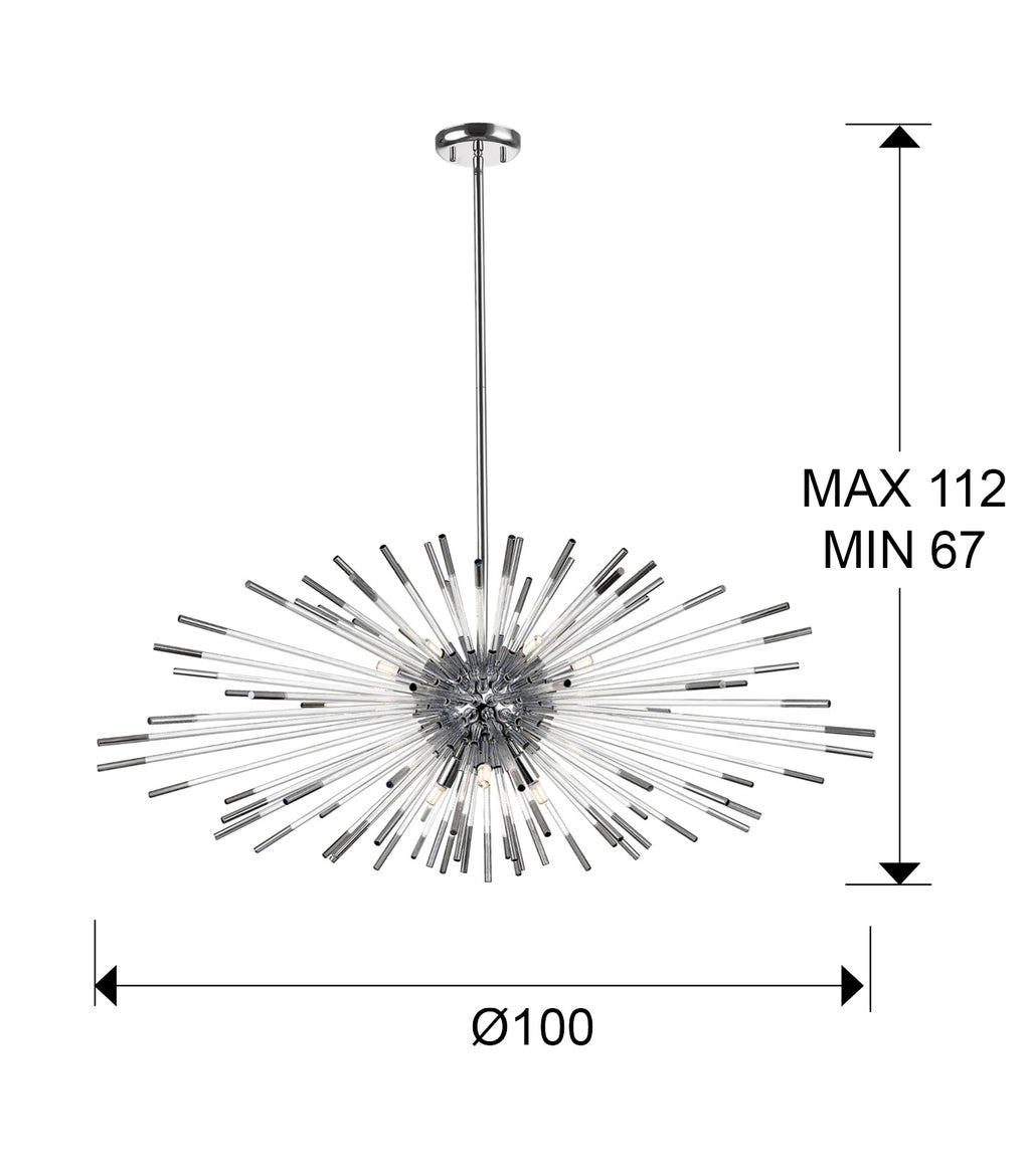 Medidas Lámpara Schuller Evasión 9 Luces Cromadas (Ref. 381628): Alto mín. 67cm, máx. 112cm, diámetro florón 12cm, alto florón 3cm.
