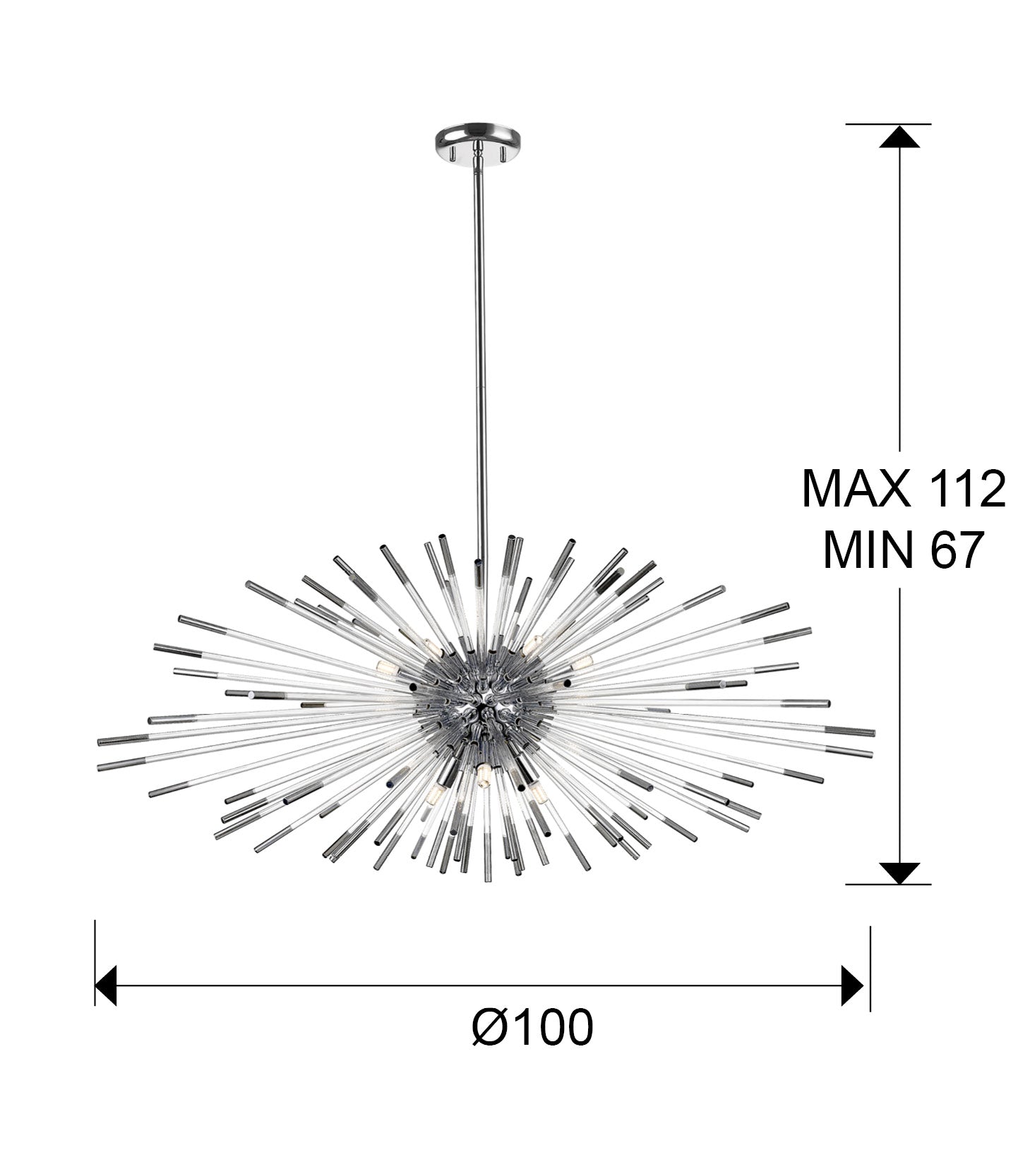 Medidas Lámpara Schuller Evasión 9 Luces Cromadas (Ref. 381628): Alto mín. 67cm, máx. 112cm, diámetro florón 12cm, alto florón 3cm.
