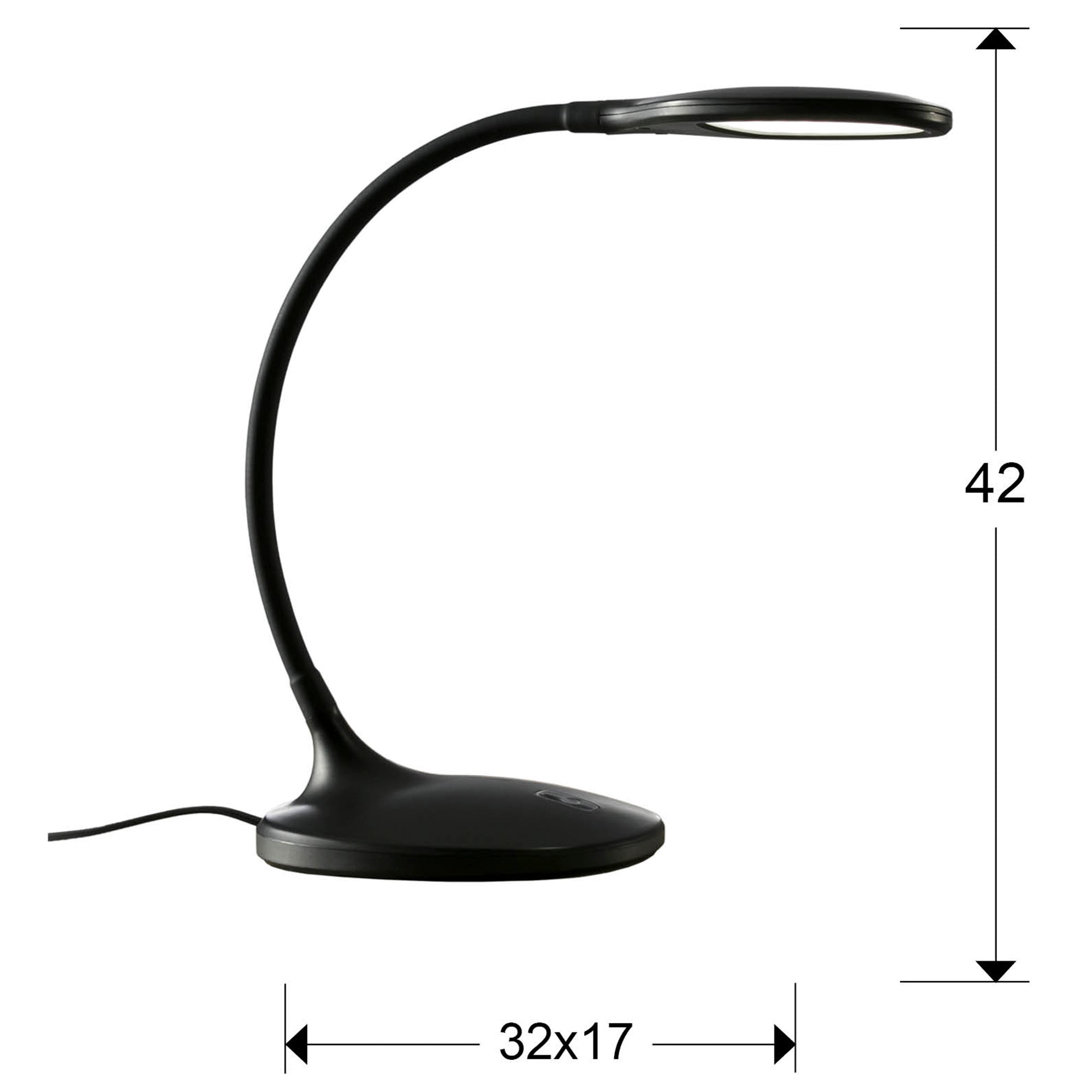 Medidas Lámpara Sobremesa LED Schuller Scoop 552764: 32x42x17cm (Ancho x Alto x Profundo). Altura regulable de 25 a 50cm.  Peso: 1.65kg.
