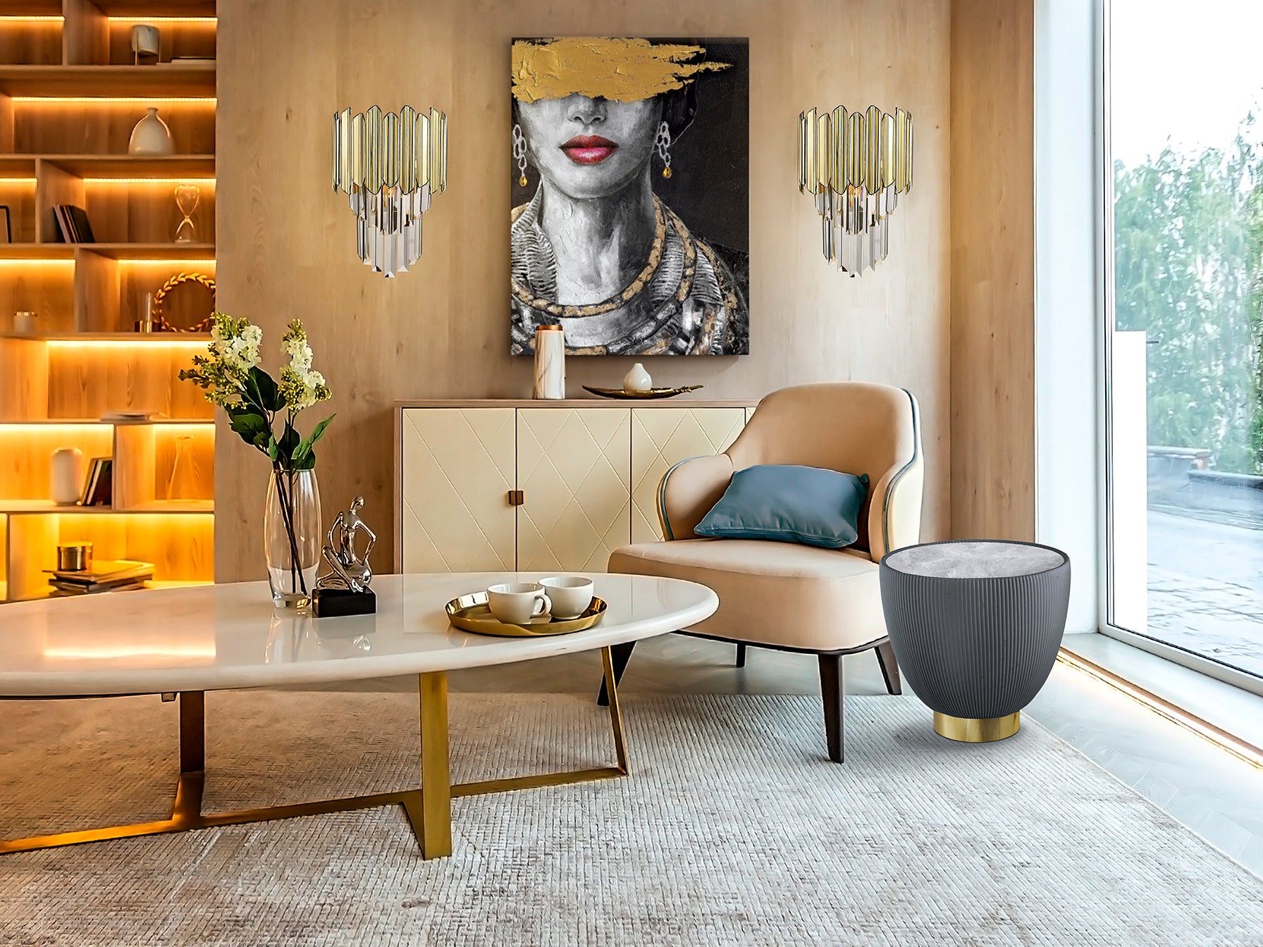 Mesa Auxiliar Redonda Gris y Latón - Schuller Candy - luzguru.com