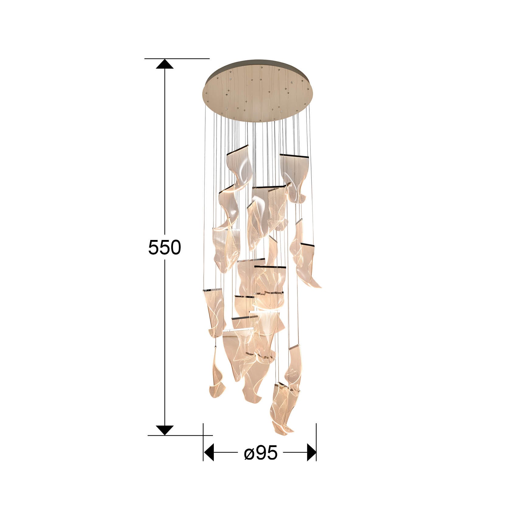 Medidas Lámpara Velos Schuller 608572: Ø95cm, Alto 160-550cm.  Iluminación LED regulable.
