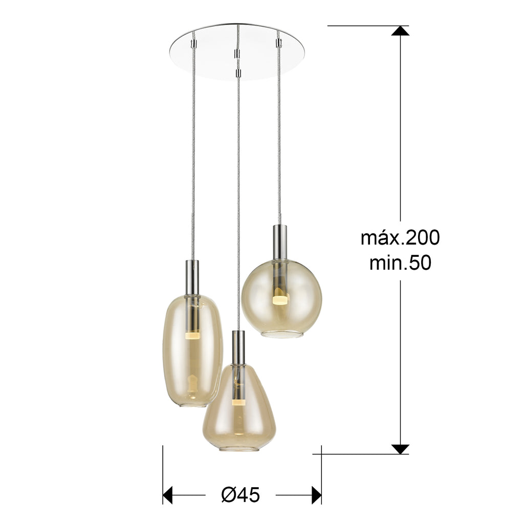 Medidas Lámpara Nara 3 Luces Cromado Schuller i3 (Ref. 561036): Ø45cm, Alto 50-200cm.
