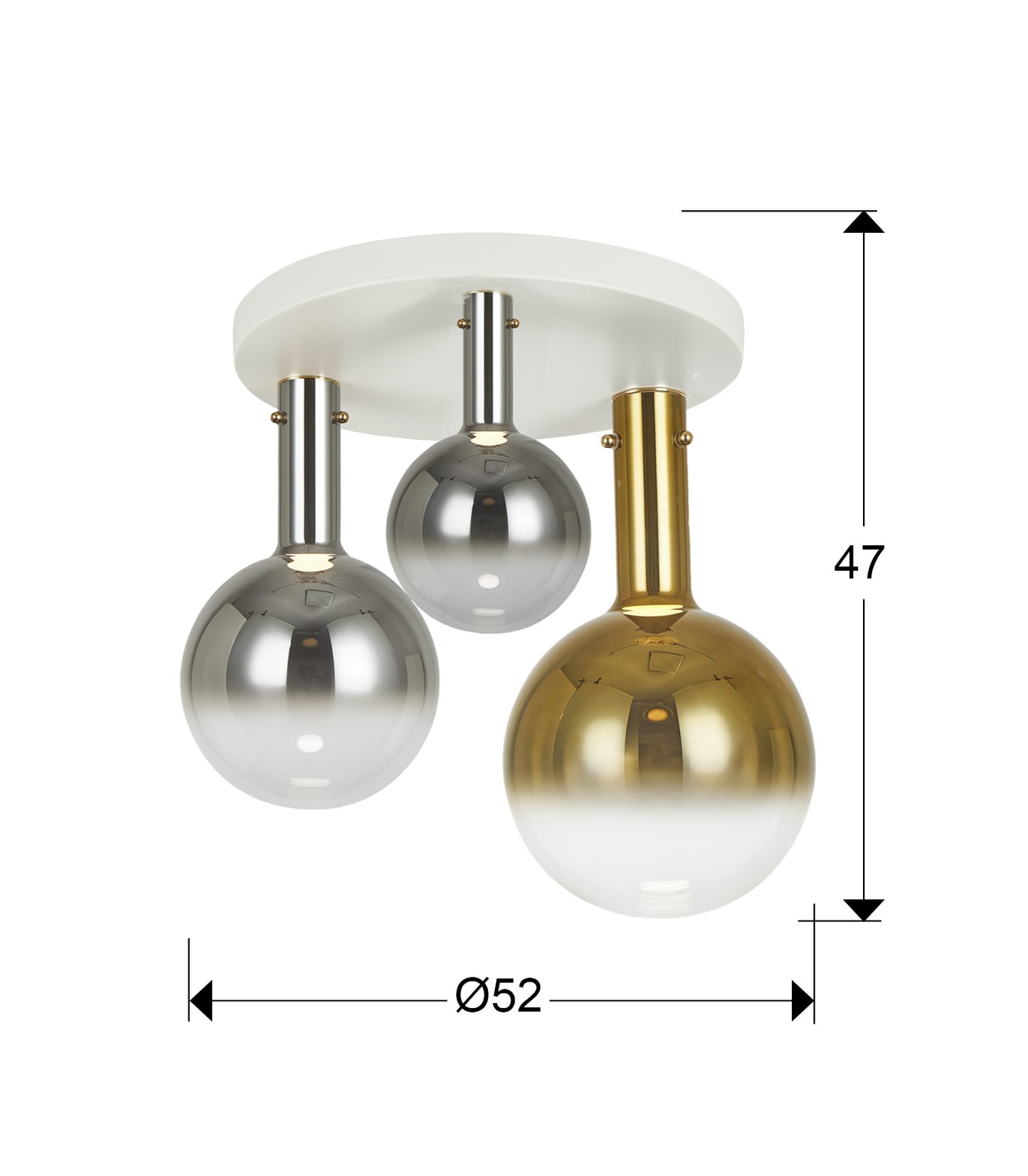 Medidas Plafón Matices 3 Luces Schuller 553944: 47cm alto, florón 40cm Ø, tulipa 25cm Ø.  Blanco/Smoke/Oro.
