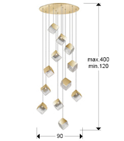 Medidas Lámpara Schuller Priscila Dorado (Ref. 721257): Alto 120-400cm, Diámetro 90cm, Pantalla 24x24x22cm, Florón 70x3cm.  Peso 21.8kg.
