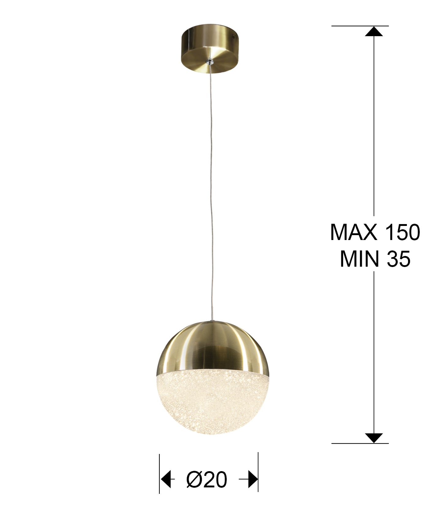 Medidas Lámpara LED Schuller Sphere 793407: Ø20cm tulipa, altura regulable 35-150cm, florón Ø12cm.  Iluminación moderna de latón.
