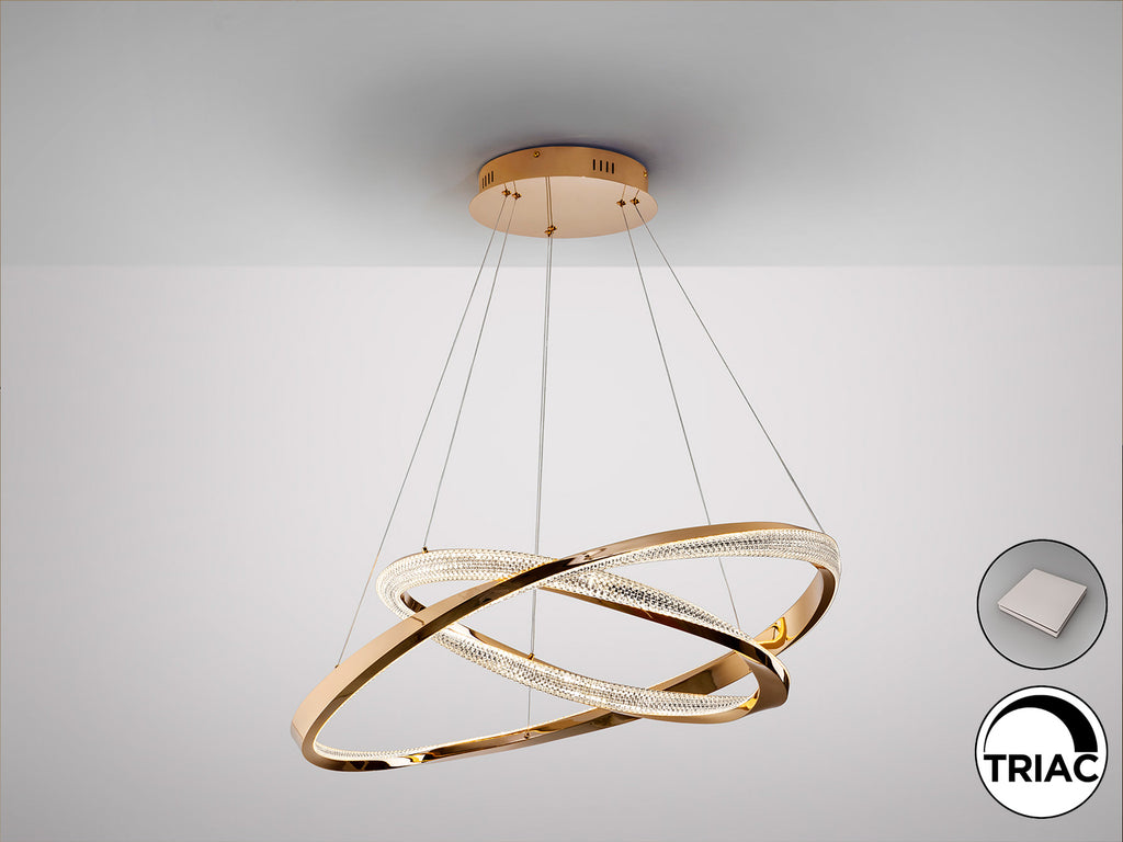 Lámpara de techo SCHULLER Orbitas (Ref. 554107) - Detalle de sus dos aros dorados (Ø60 y Ø80cm) en acero y aluminio, difusor acrílico transparente y regulación de altura. Iluminación LED dimable 68W, 4700lm, 3000K.
