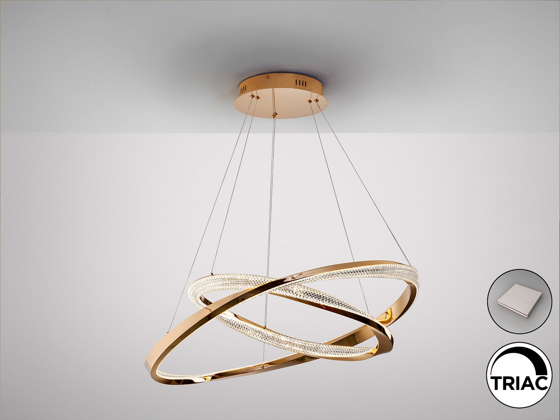 Lámpara de techo SCHULLER Orbitas (Ref. 554107) - Detalle de sus dos aros dorados (Ø60 y Ø80cm) en acero y aluminio, difusor acrílico transparente y regulación de altura. Iluminación LED dimable 68W, 4700lm, 3000K.
