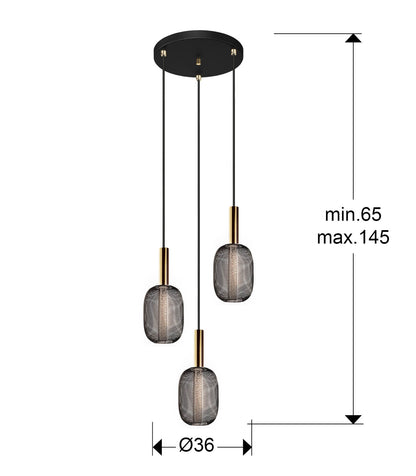 Medidas lámpara Schuller Micrón 3 luces oro/negro (Ref. 413657): Alto mín. 65cm, máx. 145cm; pantalla 18x13cm; florón 26x3cm.
