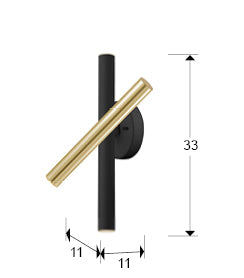 Medidas aplique Schuller Varas 373845: 11x33x11 cm (ancho x alto x profundo).  Aplique de pared LED oro/negro, 15W, 1350 lm,  dimable.
