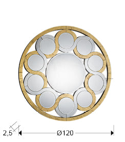 Medidas Espejo Zendaya Oro 120cm Schuller (Ref. 619240): Ø120cm, Prof. 2,5cm, Peso 27kg.  Marco 34cm, Luna 52cm.
