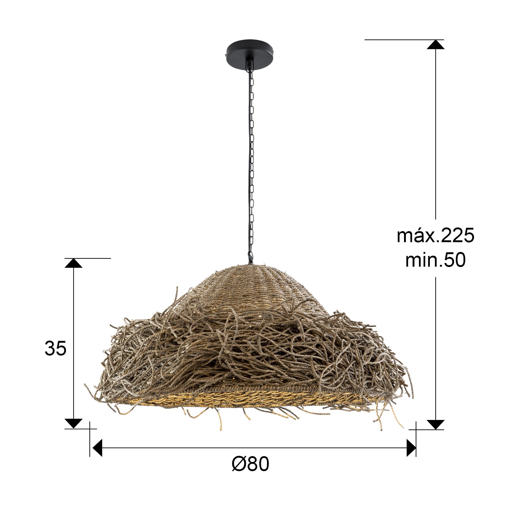 Medidas Lámpara Maui Schuller 196855: Ø80cm pantalla, alto 30cm, altura regulable 50-225cm, florón Ø12cm x 3cm.  LuzGuru.
