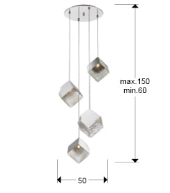 Medidas Lámpara Schuller Priscila 4 Luces Cromado (Ref. 720410): 50cm ancho, 148.5cm alto (regulable 60-150cm), pantalla 24x24x22cm, florón 32cm diámetro.  Peso: 5.9kg.
