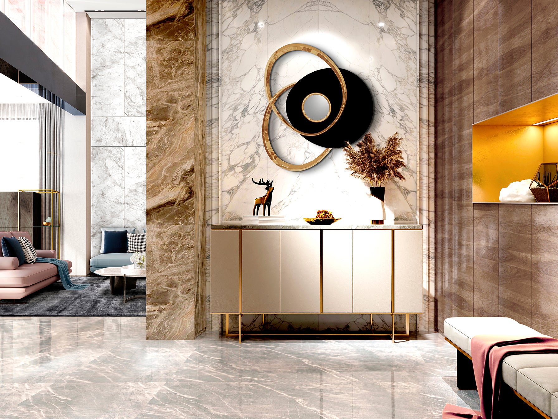 Escultura de pared SCHULLER Trio (Ref. 498722) en negro y oro rosa. Acero inoxidable y metacrilato. 83x73x7cm.
